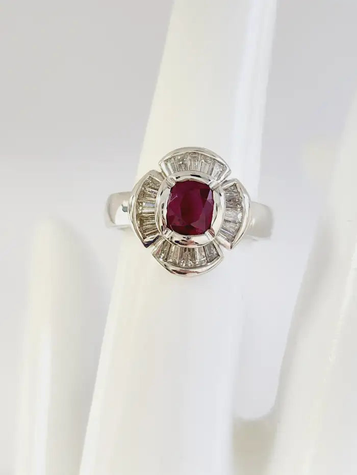 Natural Ruby Cushion Shape Baguette Diamond Ring 18 Karat White Gold