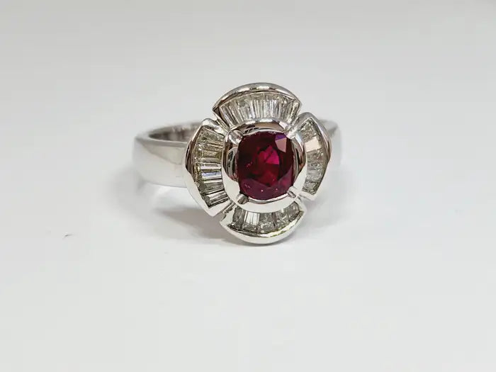 Natural Ruby Cushion Shape Baguette Diamond Ring 18 Karat White Gold