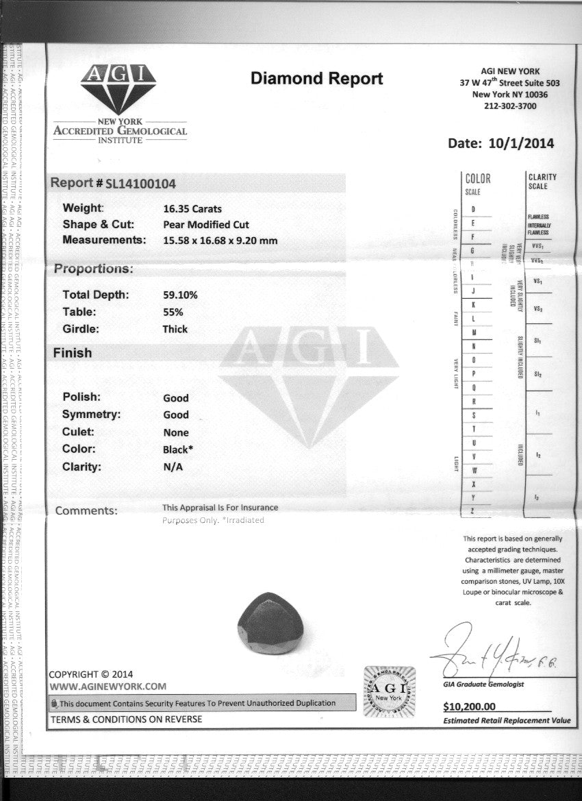 16.35 Carat Pear-Shaped Natural Black Diamond
