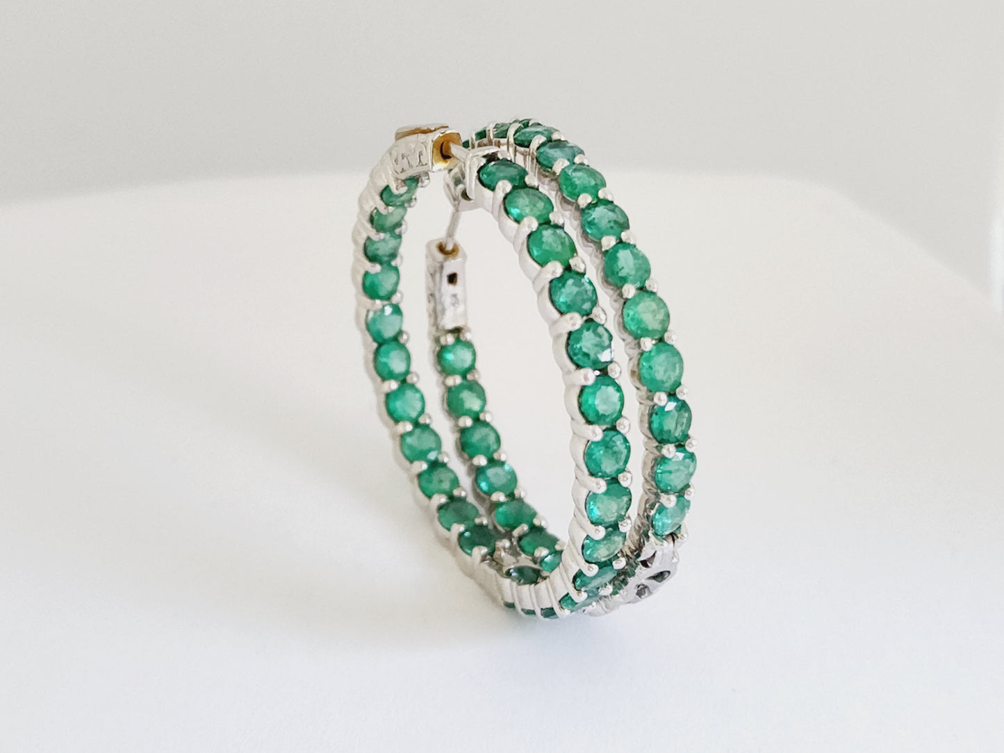 8.50 Carat Emerald Round Hoop Earrings 14 Karat White Gold
