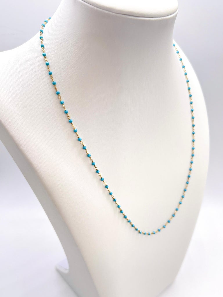 1 Carat Beaded Natural Turquoise Necklace in 14K Yellow Gold