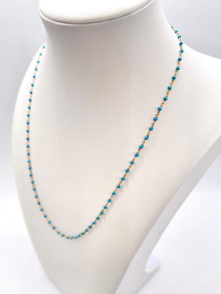 1 Carat Beaded Natural Turquoise Necklace in 14K Yellow Gold
