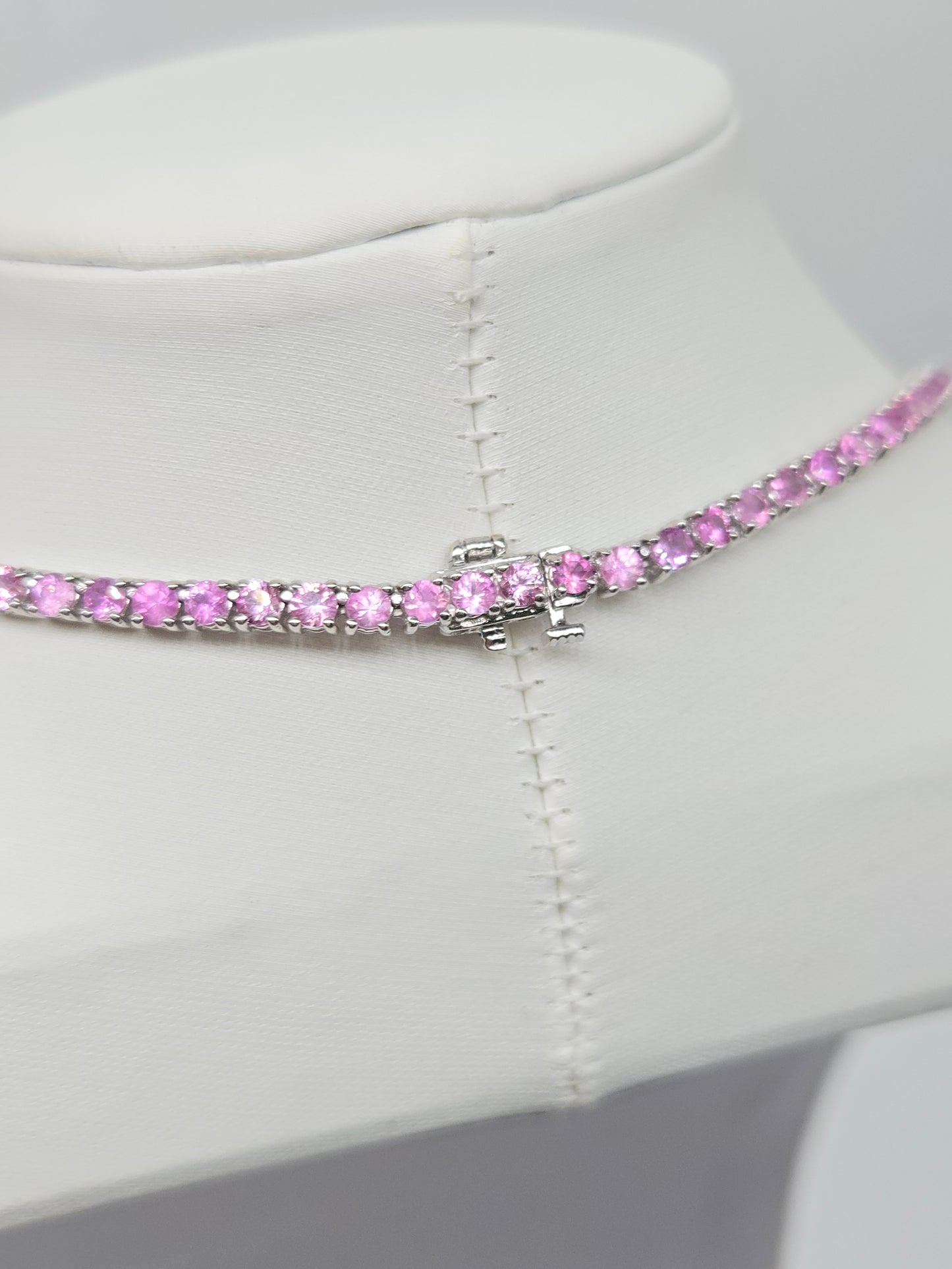 18.33 Carat Natural Pink Sapphire Tennis Necklace in 14K White Gold