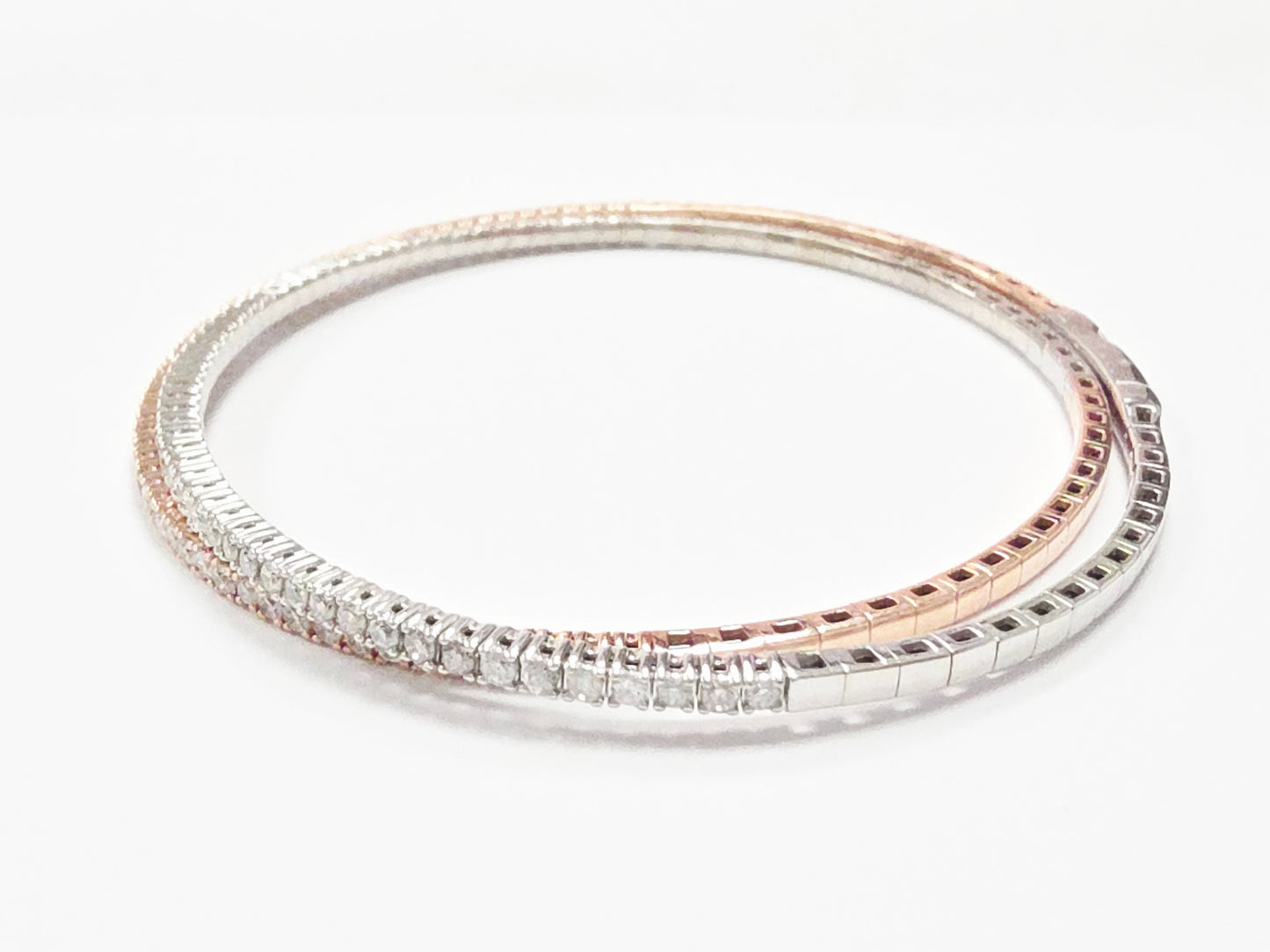 1.68 Carats Two Tone Double Row Flexible Bracelet Bangle White Rose Gold 14K