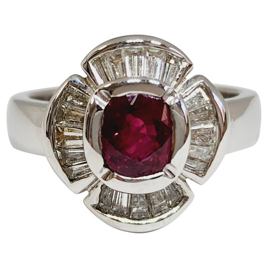 Natural Ruby Cushion Shape Baguette Diamond Ring 18 Karat White Gold