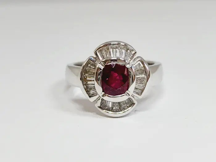 Natural Ruby Cushion Shape Baguette Diamond Ring 18 Karat White Gold