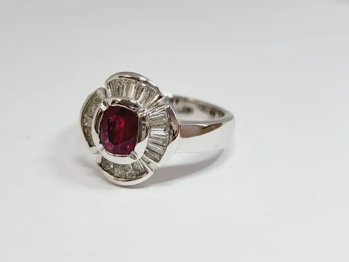 Natural Ruby Cushion Shape Baguette Diamond Ring 18 Karat White Gold