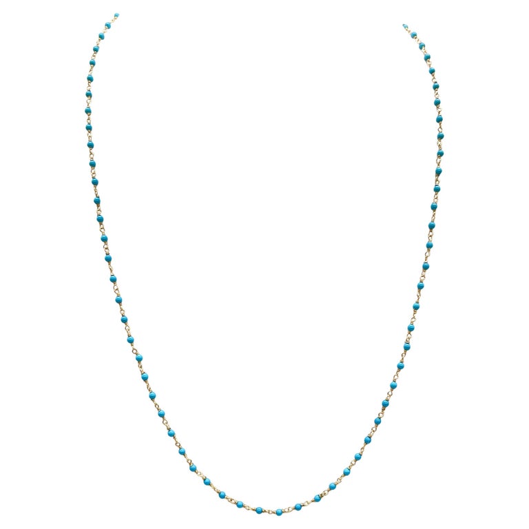 1 Carat Beaded Natural Turquoise Necklace in 14K Yellow Gold