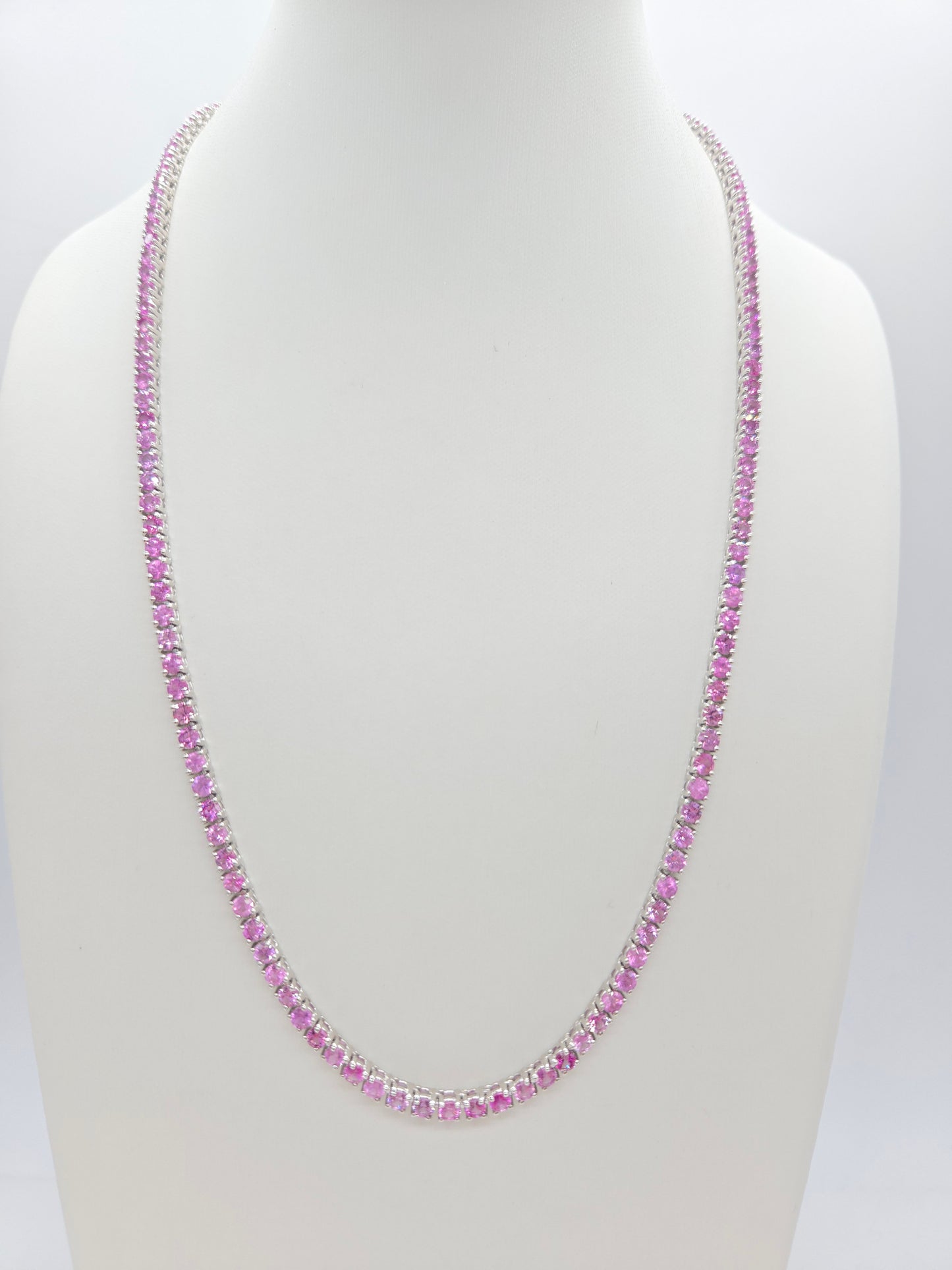 18.33 Carat Natural Pink Sapphire Tennis Necklace in 14K White Gold