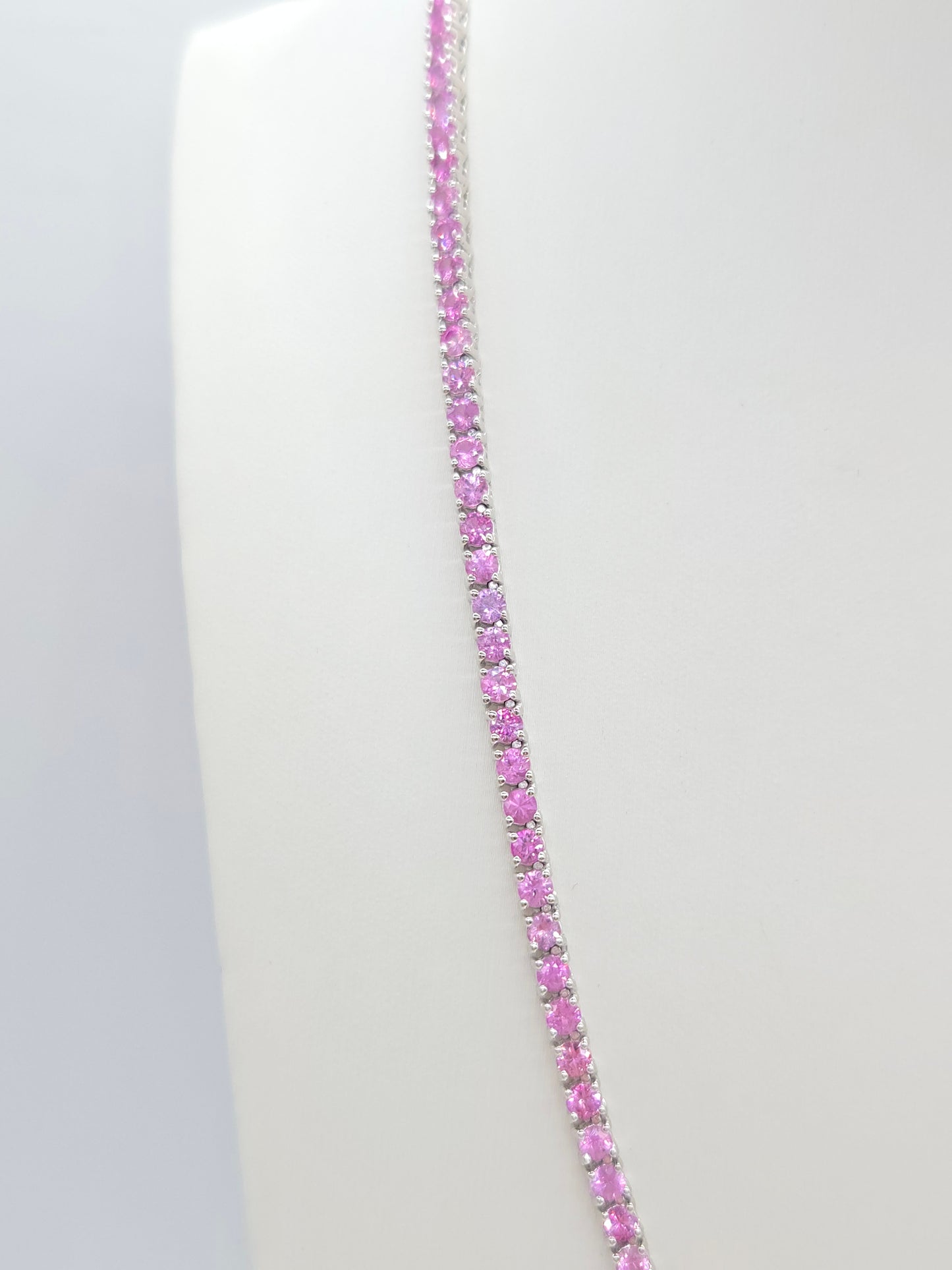 18.33 Carat Natural Pink Sapphire Tennis Necklace in 14K White Gold