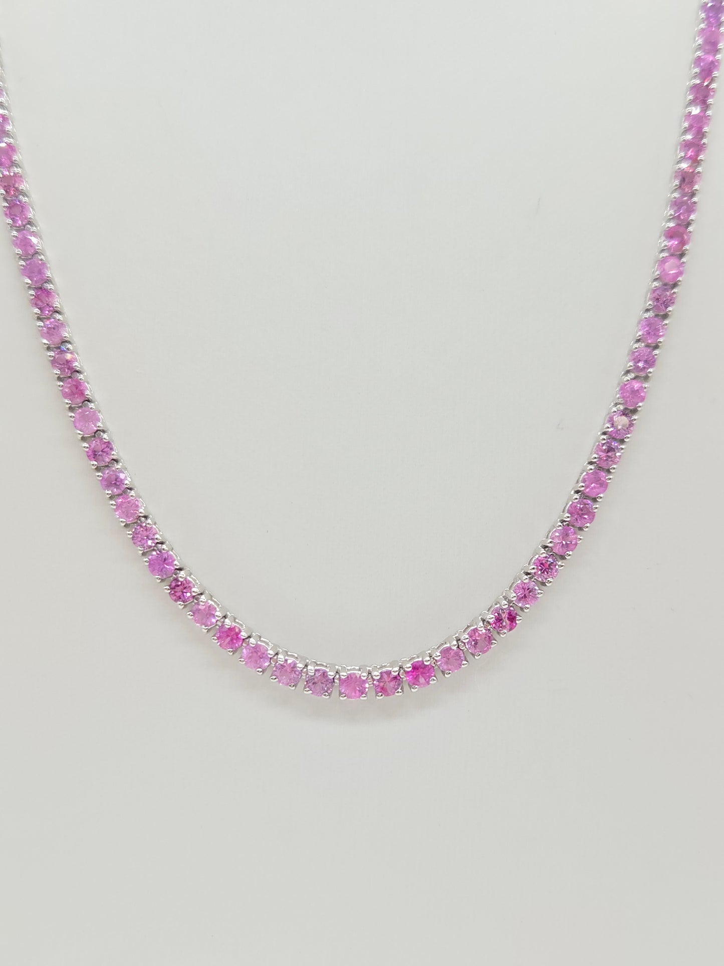 18.33 Carat Natural Pink Sapphire Tennis Necklace in 14K White Gold
