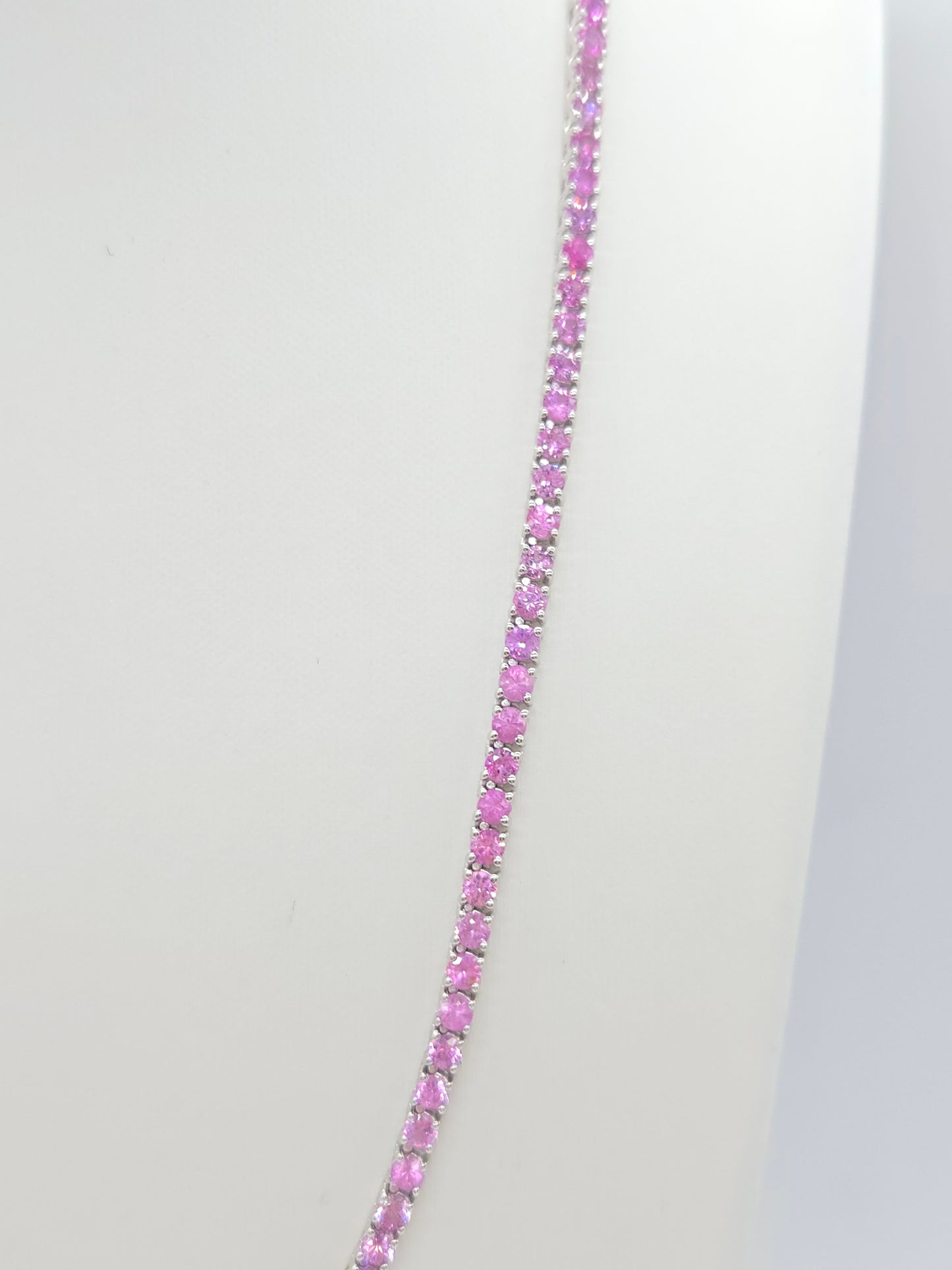18.33 Carat Natural Pink Sapphire Tennis Necklace in 14K White Gold