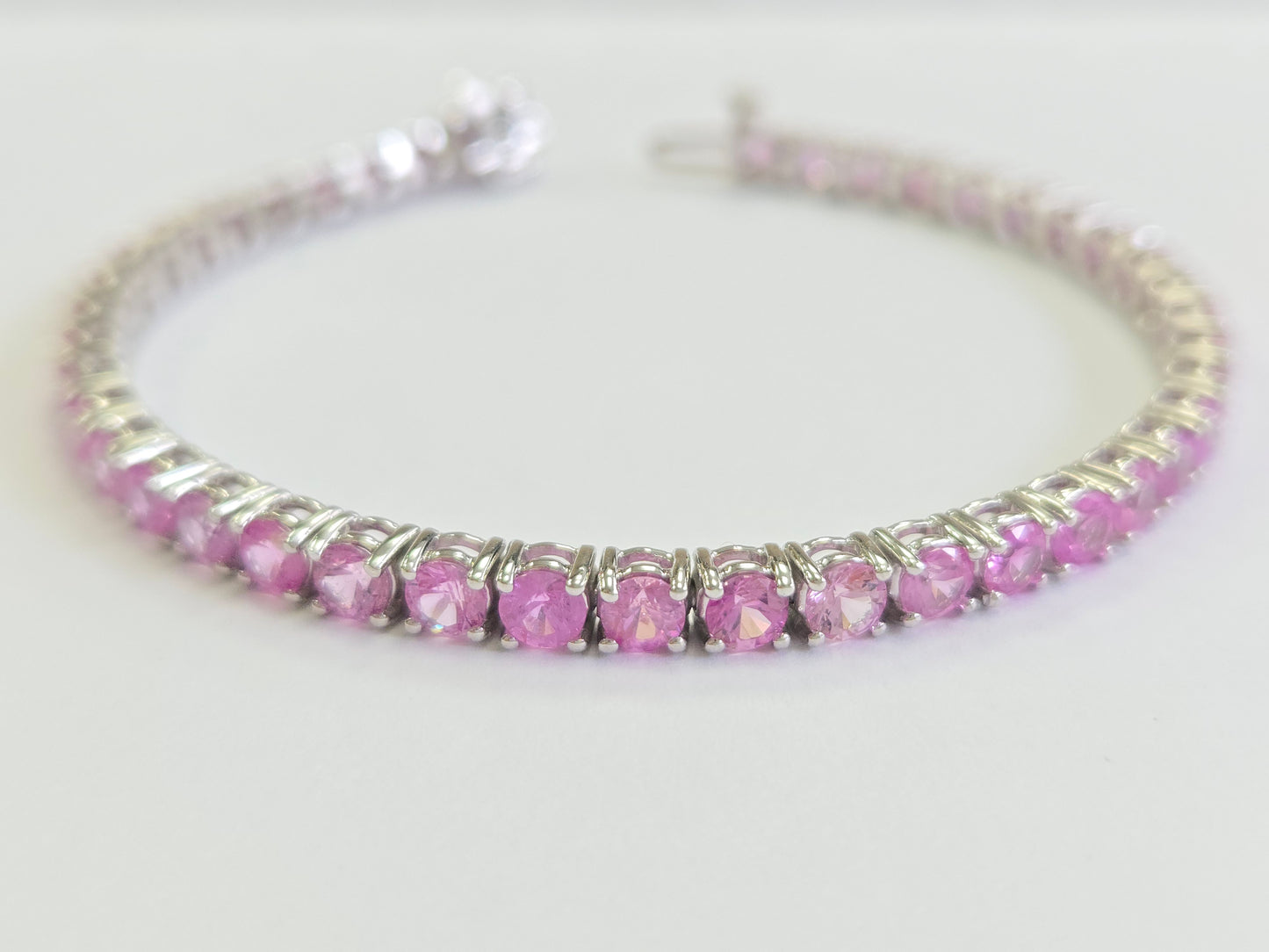 9.90 Carat Natural Pink Sapphire Tennis Bracelet in 14K White Gold