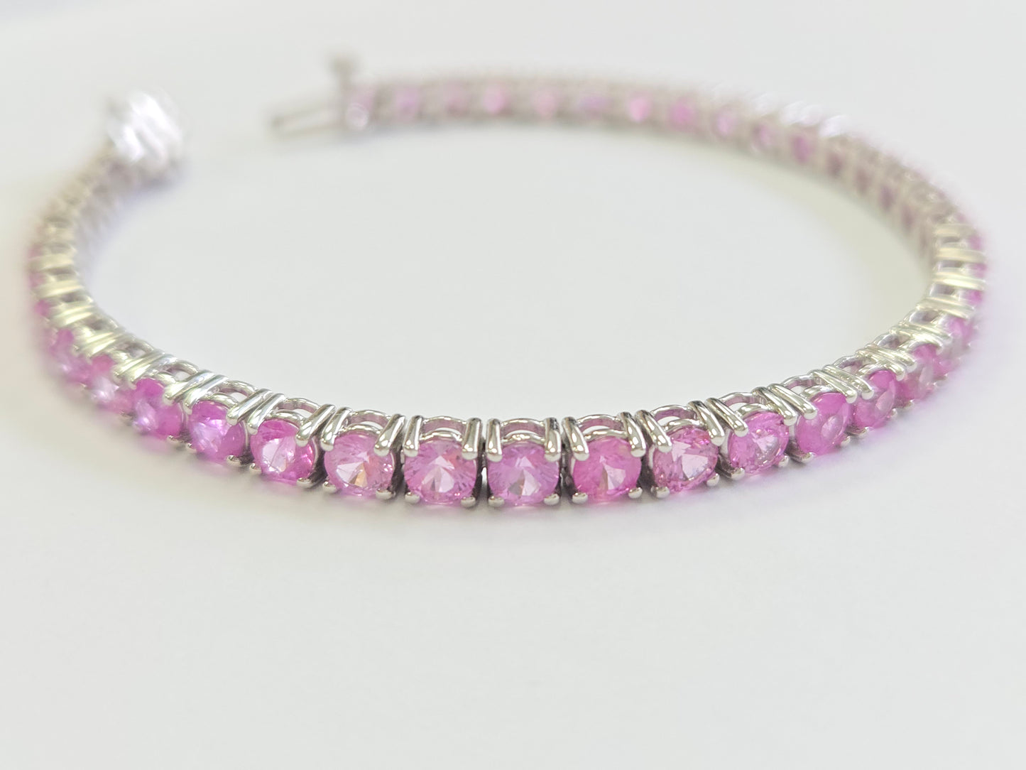 9.90 Carat Natural Pink Sapphire Tennis Bracelet in 14K White Gold
