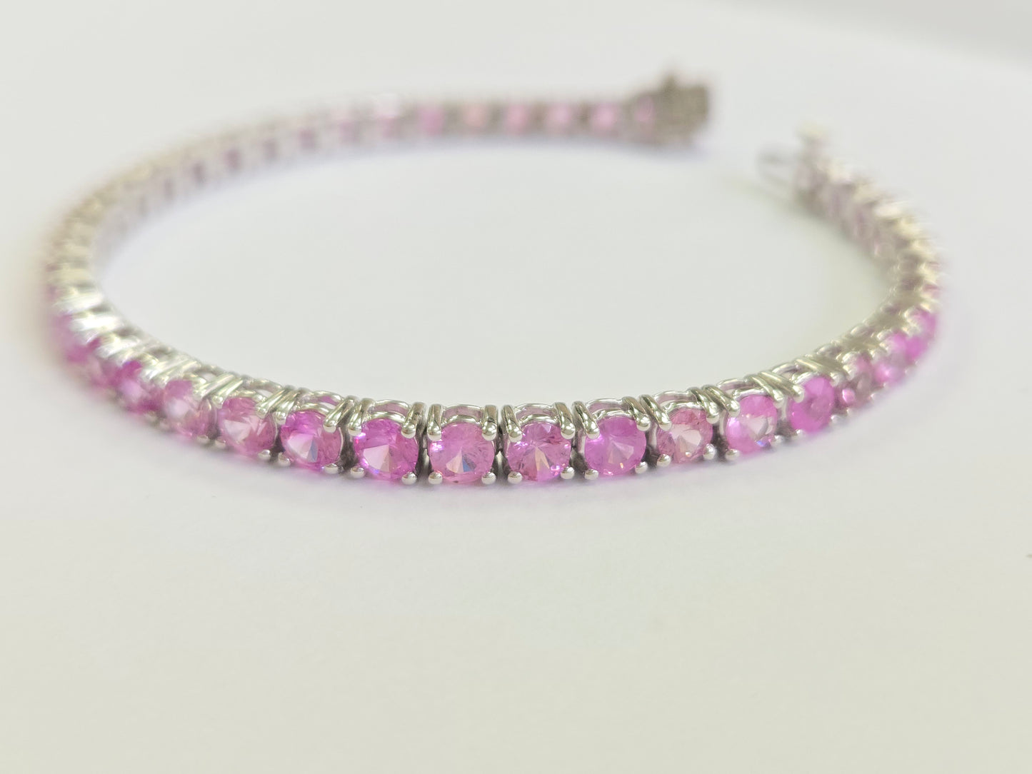 9.90 Carat Natural Pink Sapphire Tennis Bracelet in 14K White Gold