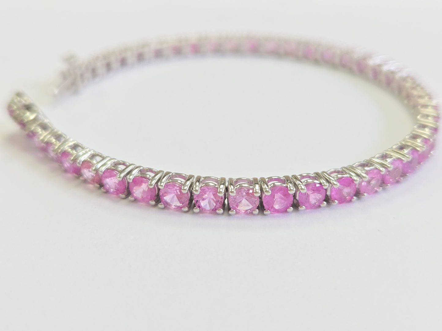 9.90 Carat Natural Pink Sapphire Tennis Bracelet in 14K White Gold