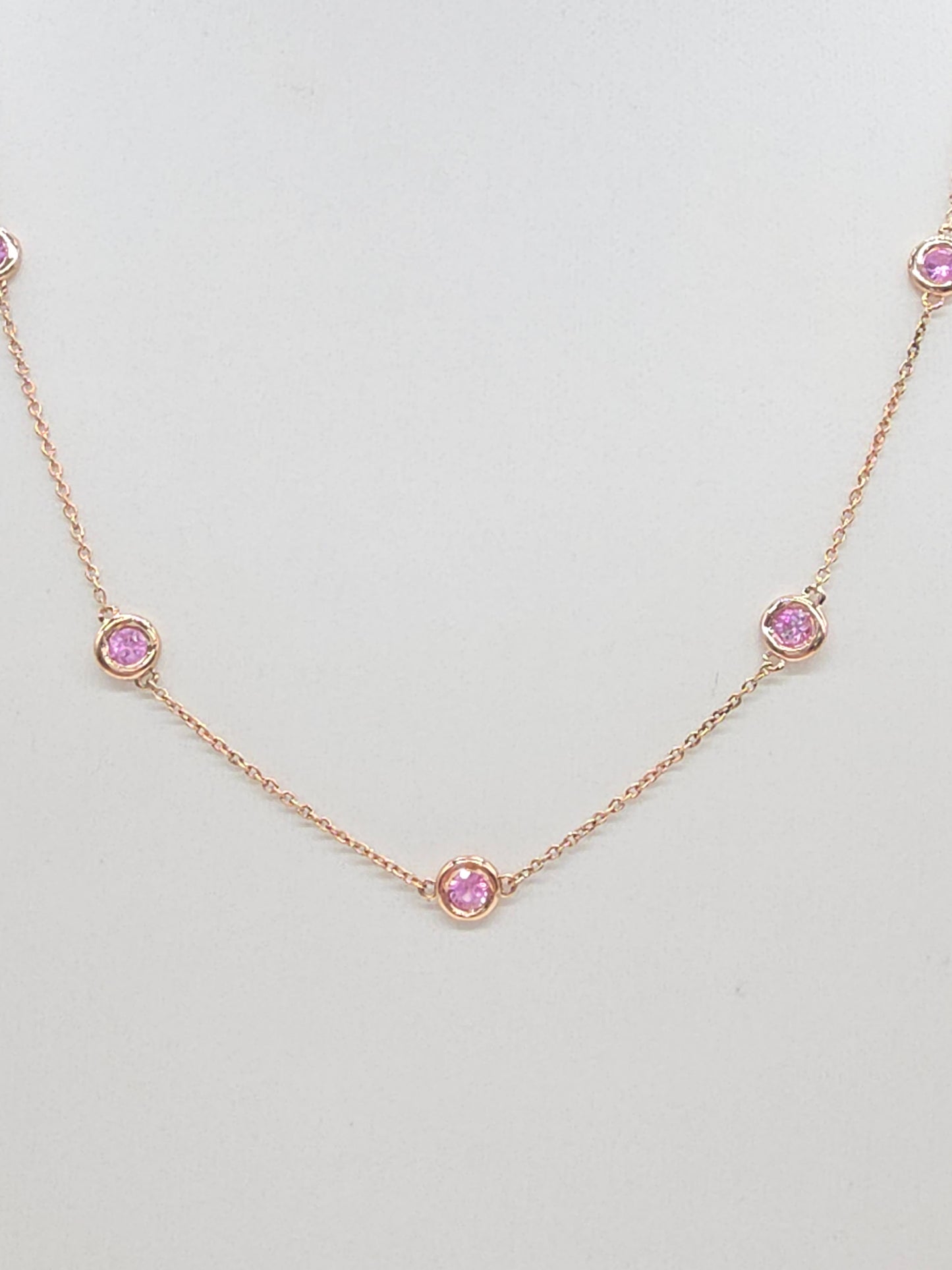 1.48 Carat Natural Pink Sapphire Station Necklace 14 Karat Yellow Gold 17''
