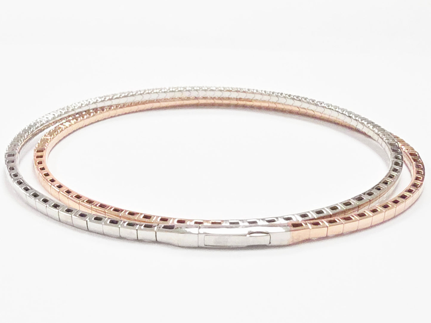 1.68 Carats Two Tone Double Row Flexible Bracelet Bangle White Rose Gold 14K