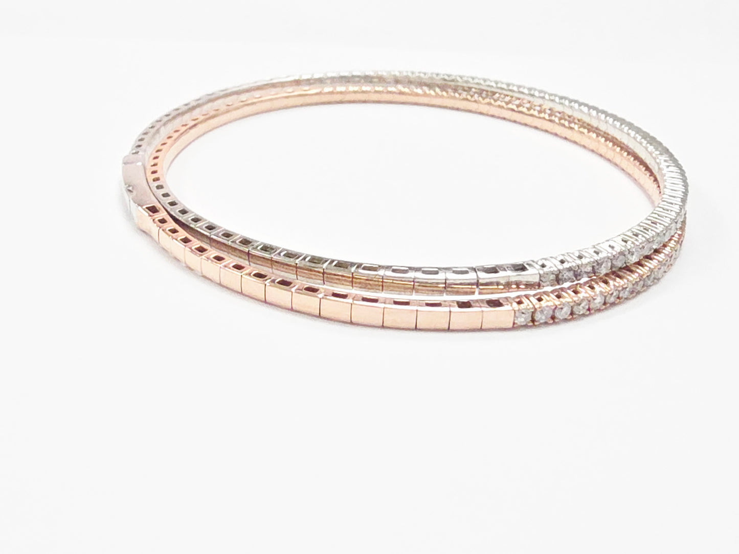 1.68 Carats Two Tone Double Row Flexible Bracelet Bangle White Rose Gold 14K