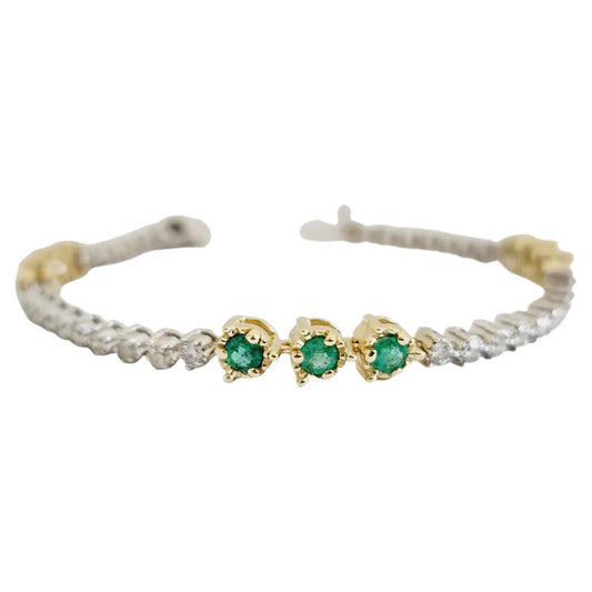Natural Emerald and Diamond Tennis Bracelet in 14 Karat Two-Tone Gold – 7 Inches