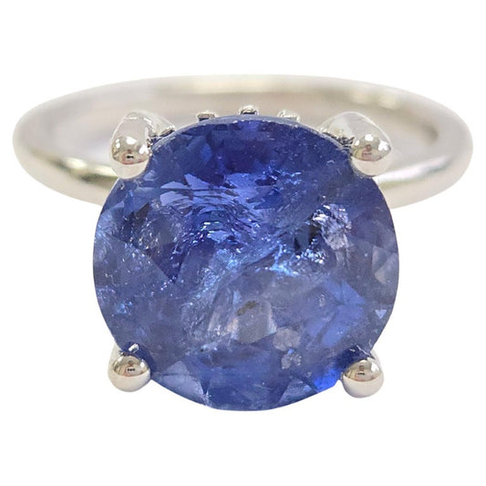 6.66 Carats Round Shape Natural Sapphire Ring 14 Karat White Gold