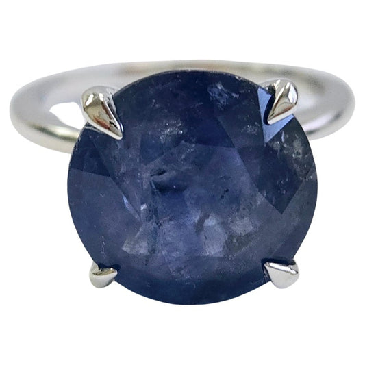 7.40 Carats Round Shape Natural Sapphire Ring 14 Karat White Gold