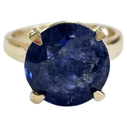 7.03 Carats Round Natural Sapphire Ring 14 Karat Yellow Gold