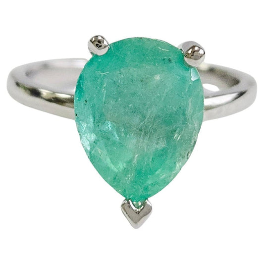 3.06 Carats Colombian Emerald Pear Shape Ring White Gold 14 Karat