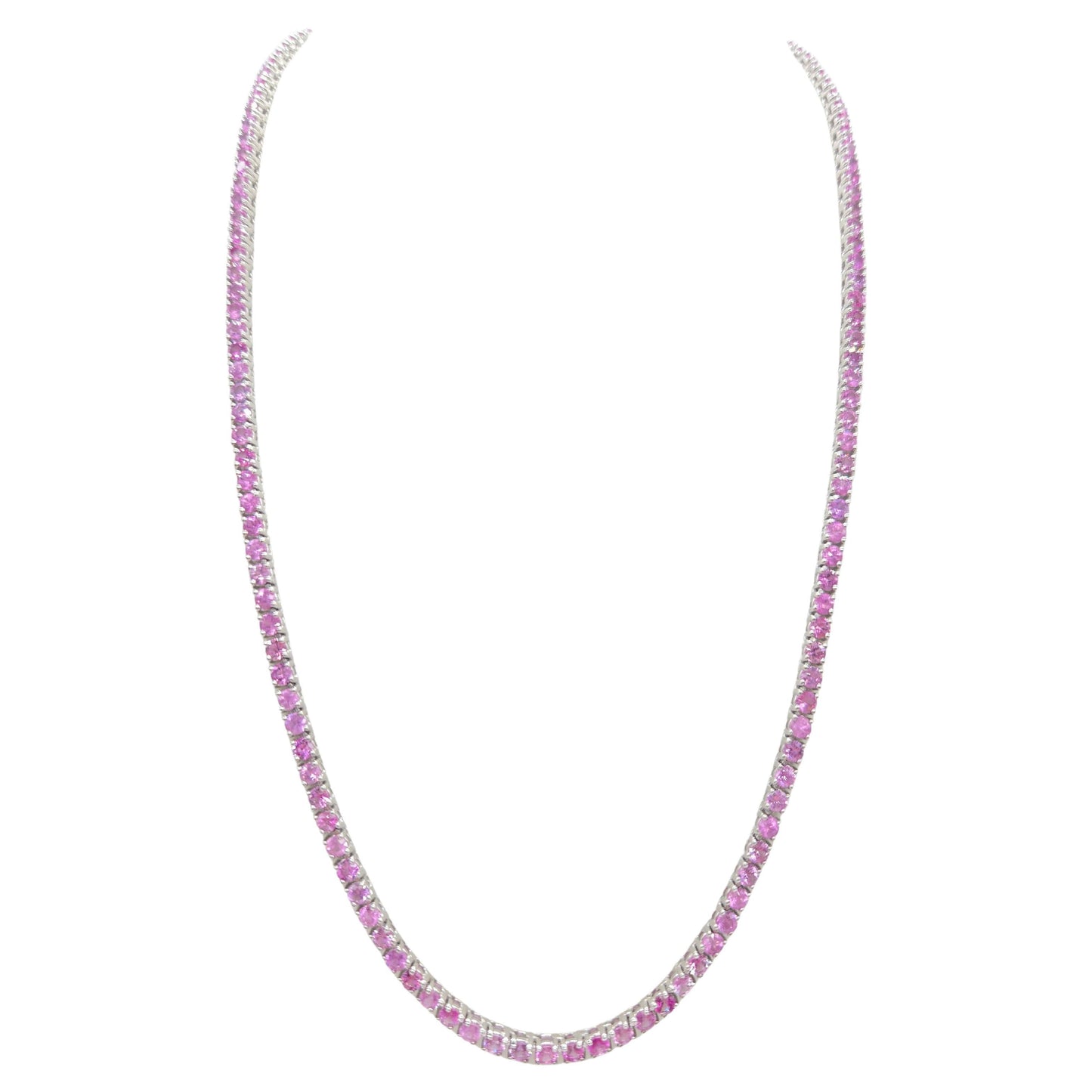 18.33 Carat Natural Pink Sapphire Tennis Necklace in 14K White Gold