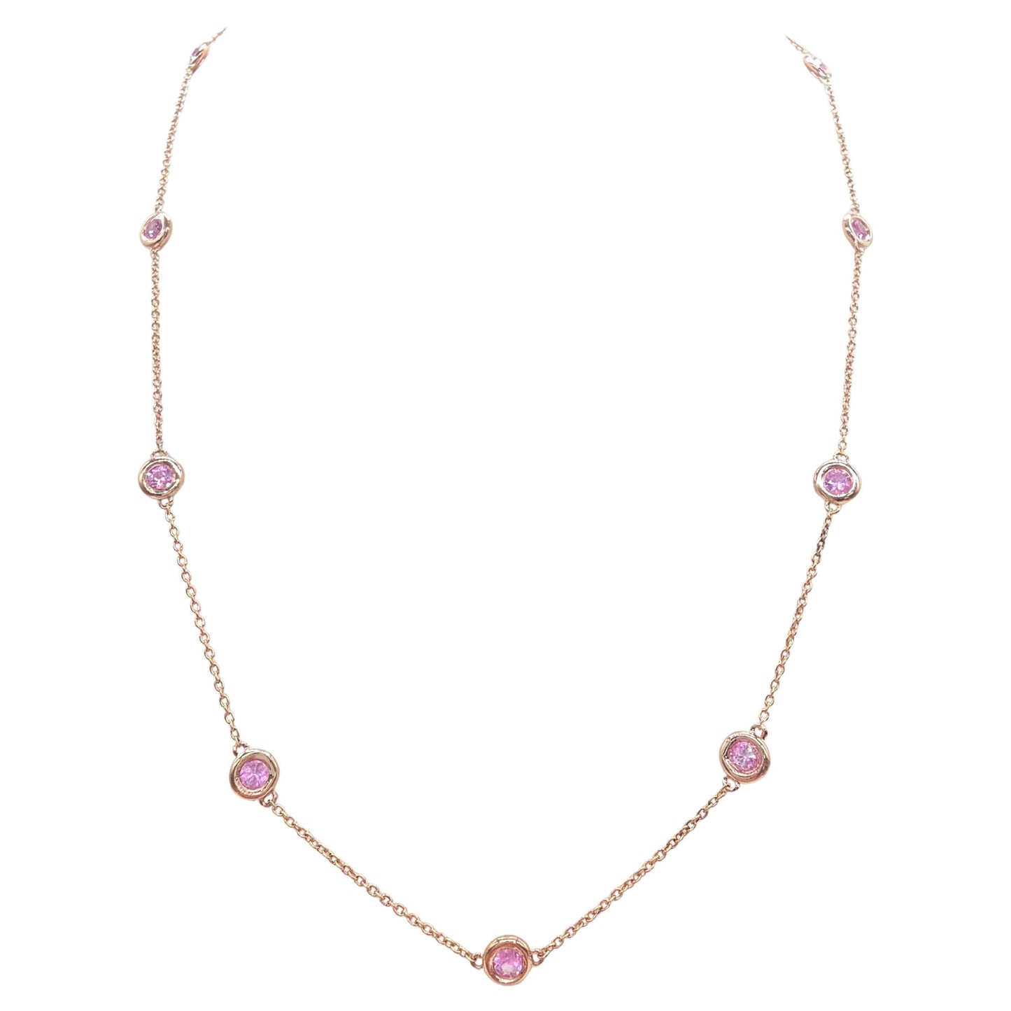 1.48 Carat Natural Pink Sapphire Station Necklace 14 Karat Yellow Gold 17''